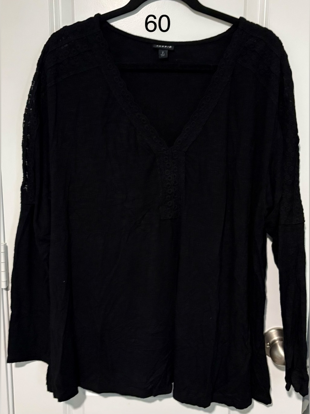 torrid Black Long-Sleeve V-Neck Top with Lace Trim